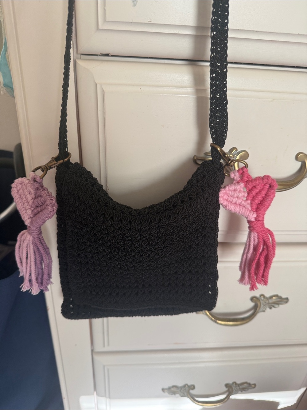 Black Crochet Crossbody Bag with Pink & Lavender Tassels - Picture 5 of 8